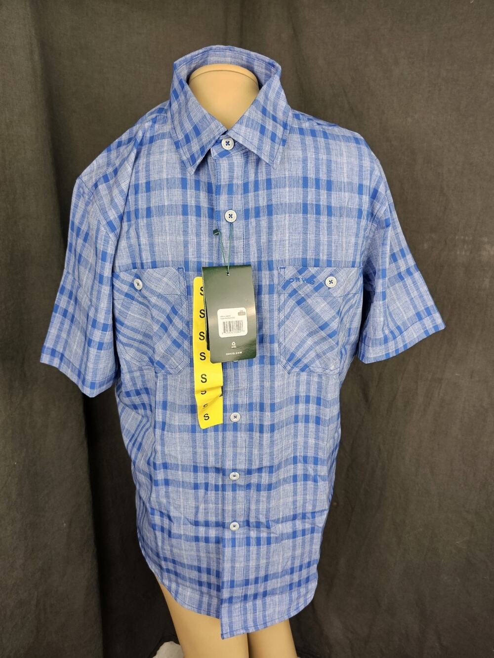 ORVIS Short Sleeve Tech Shirt Mens Small S Plaid Button Up Hiking Outdoor NWT